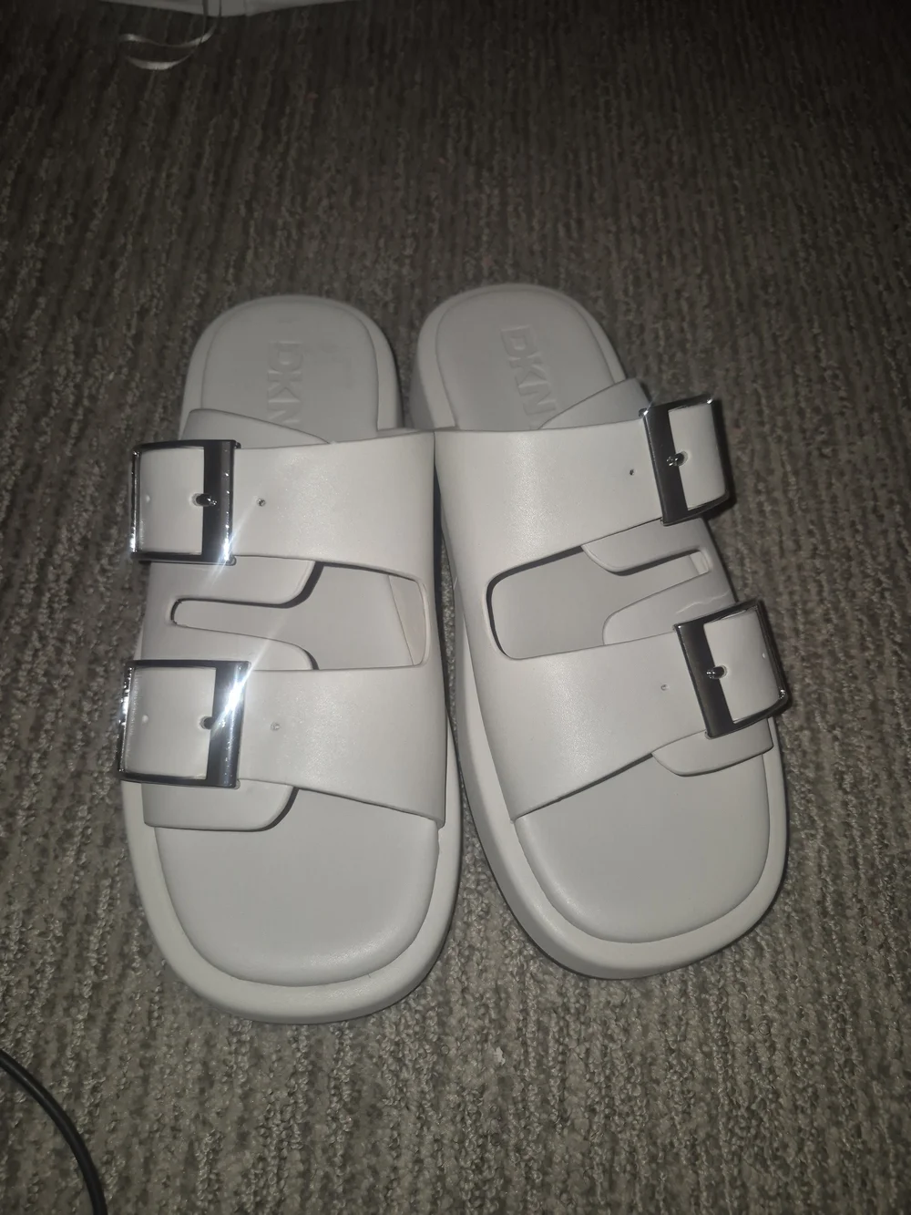 DKNY White Double-Buckle Slide Sandals with Silver Buckles